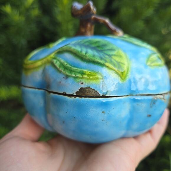 Enamel Trinket Blue Dish Leaves - Picture 2 of 11